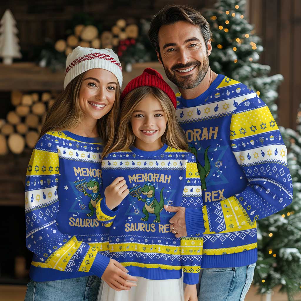Funny Dinosaur Lover Hanukkah Ugly Sweater Menorasaurus Rex Festival Of Lights Gift TS12 Royal Blue Gold Print Your Wear