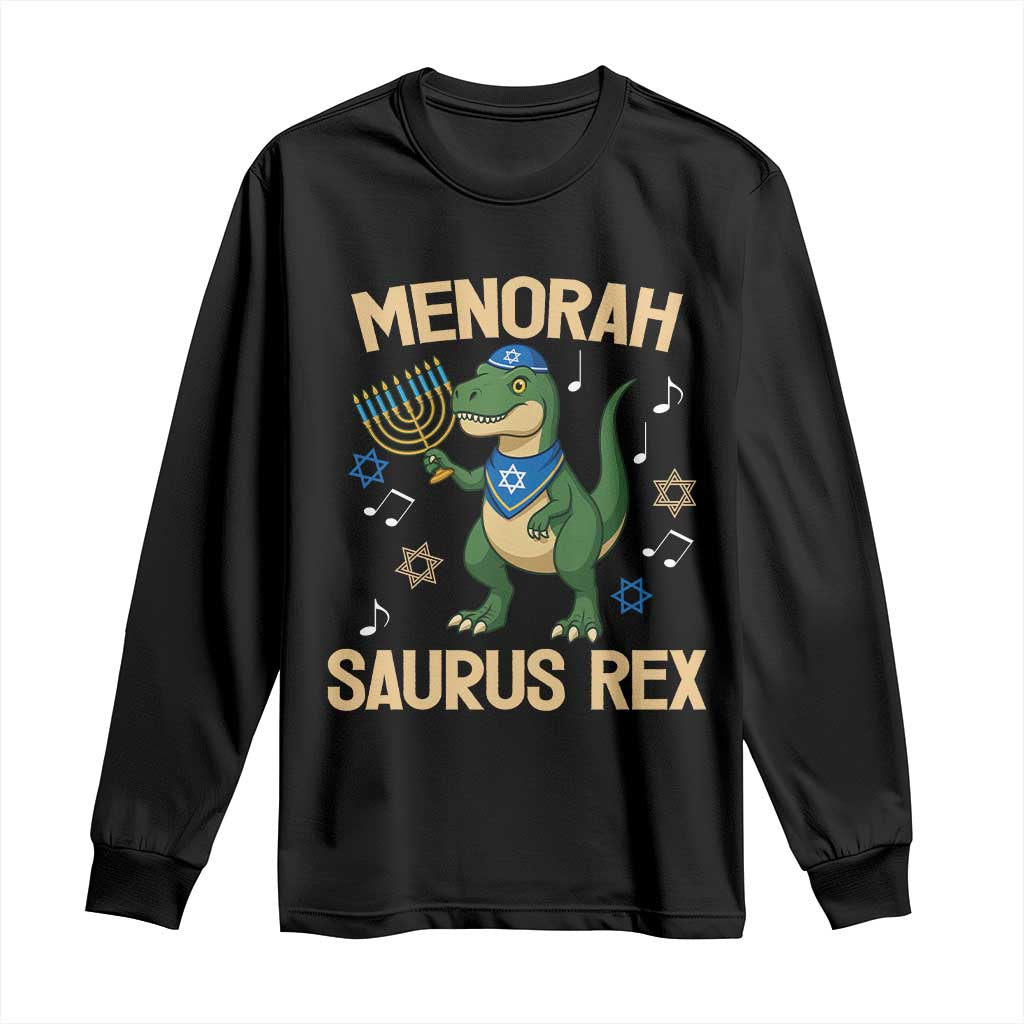 Funny Hanukkah Dinosaur Lover Long Sleeve Shirt Menorasaurus Rex Festival Of Lights Gift TS12 Black Print Your Wear