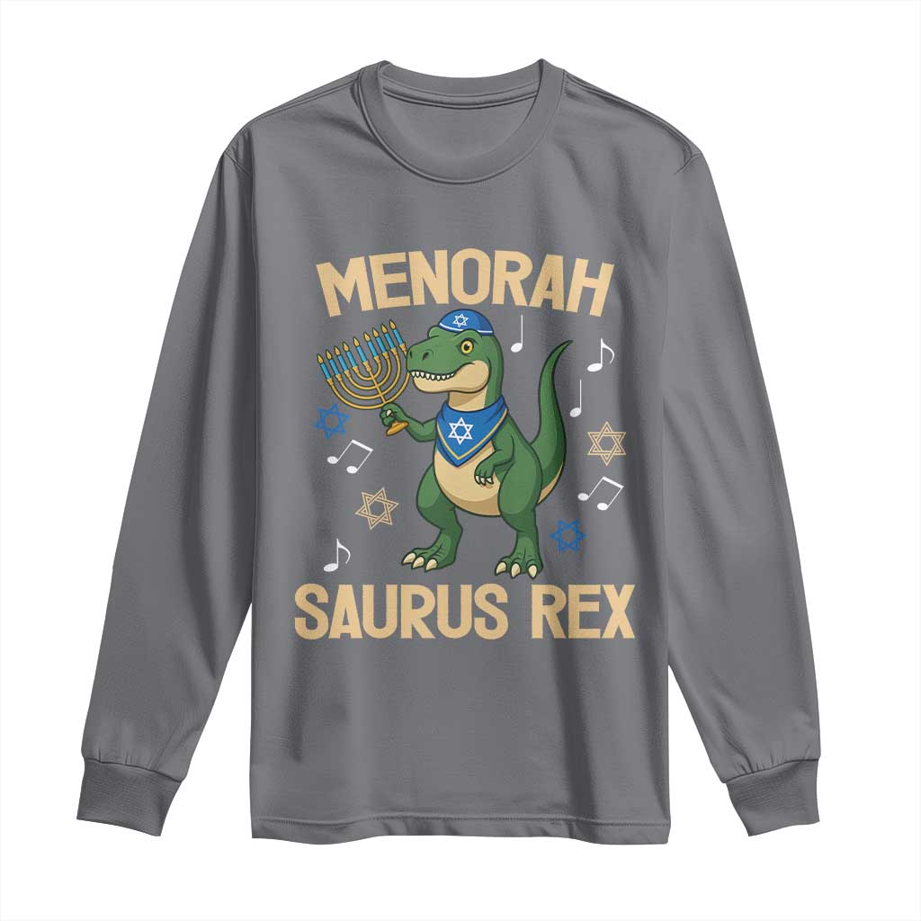 Funny Hanukkah Dinosaur Lover Long Sleeve Shirt Menorasaurus Rex Festival Of Lights Gift TS12 Charcoal Print Your Wear