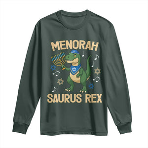 Funny Hanukkah Dinosaur Lover Long Sleeve Shirt Menorasaurus Rex Festival Of Lights Gift TS12 Dark Forest Green Print Your Wear