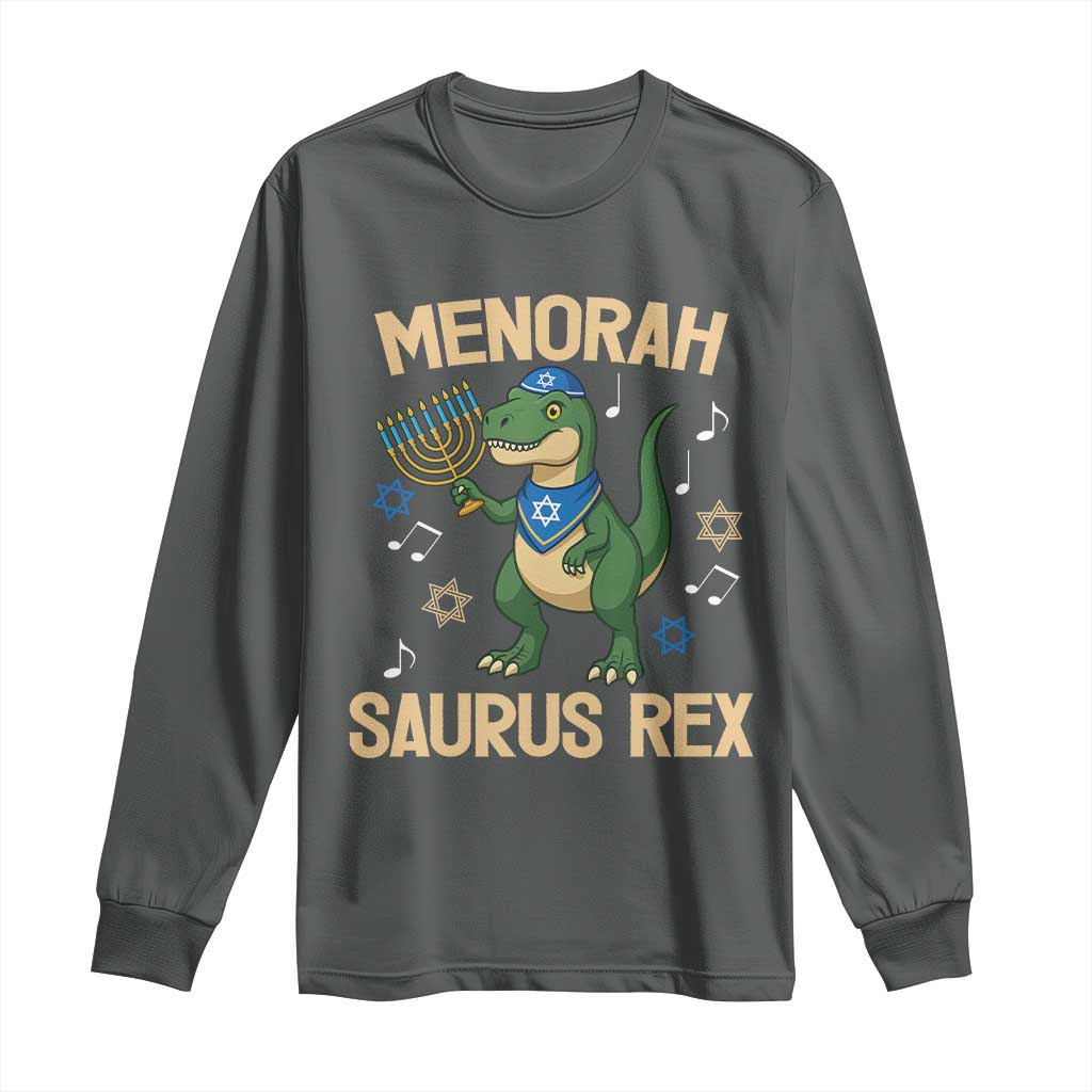 Funny Hanukkah Dinosaur Lover Long Sleeve Shirt Menorasaurus Rex Festival Of Lights Gift TS12 Dark Heather Print Your Wear