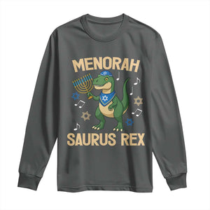 Funny Hanukkah Dinosaur Lover Long Sleeve Shirt Menorasaurus Rex Festival Of Lights Gift TS12 Dark Heather Print Your Wear