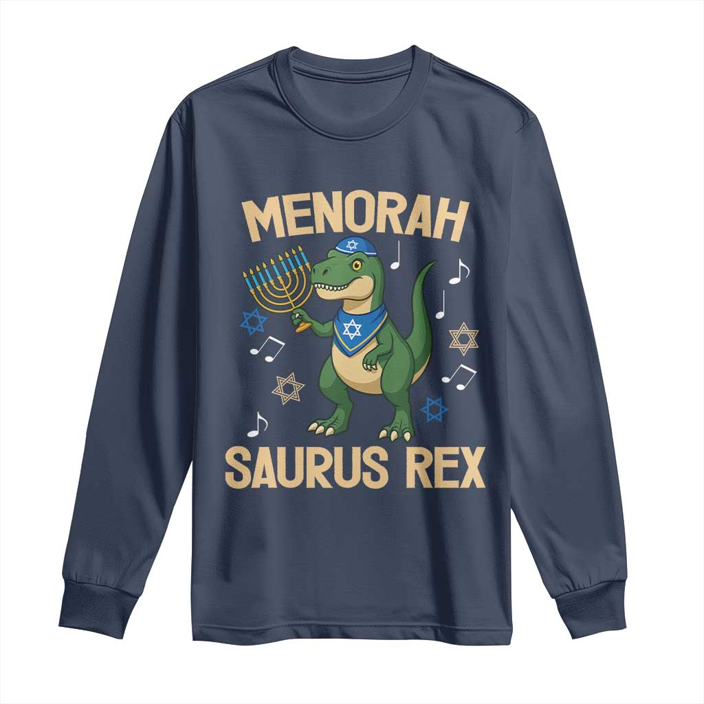 Funny Hanukkah Dinosaur Lover Long Sleeve Shirt Menorasaurus Rex Festival Of Lights Gift TS12 Navy Print Your Wear
