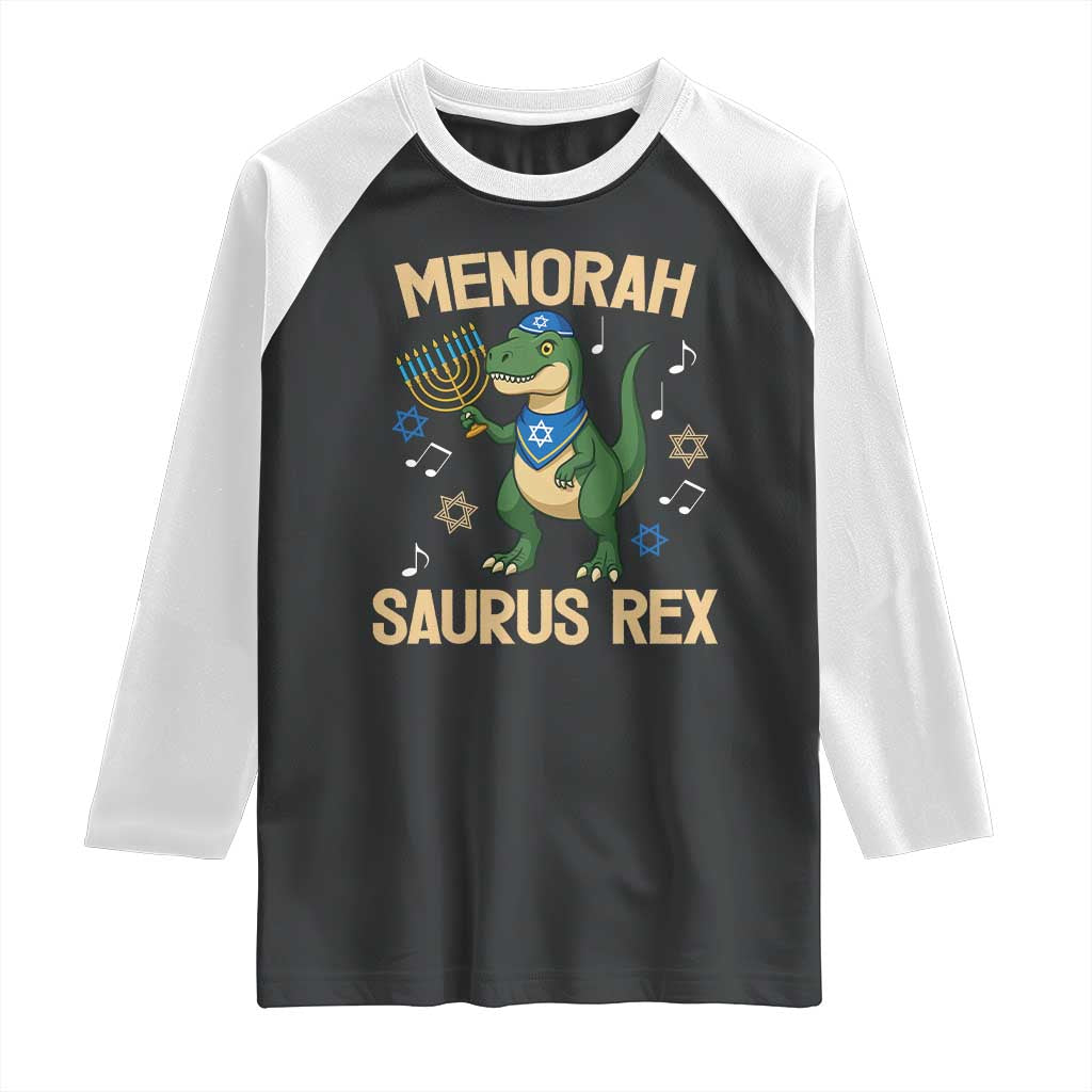 Funny Hanukkah Dinosaur Lover Raglan Shirt Menorasaurus Rex Festival Of Lights Gift TS12 Black White Print Your Wear