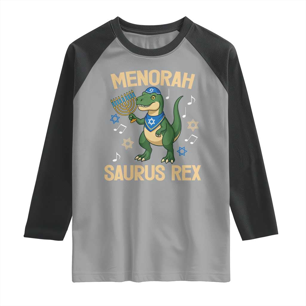 Funny Hanukkah Dinosaur Lover Raglan Shirt Menorasaurus Rex Festival Of Lights Gift TS12 Sport Gray Black Print Your Wear
