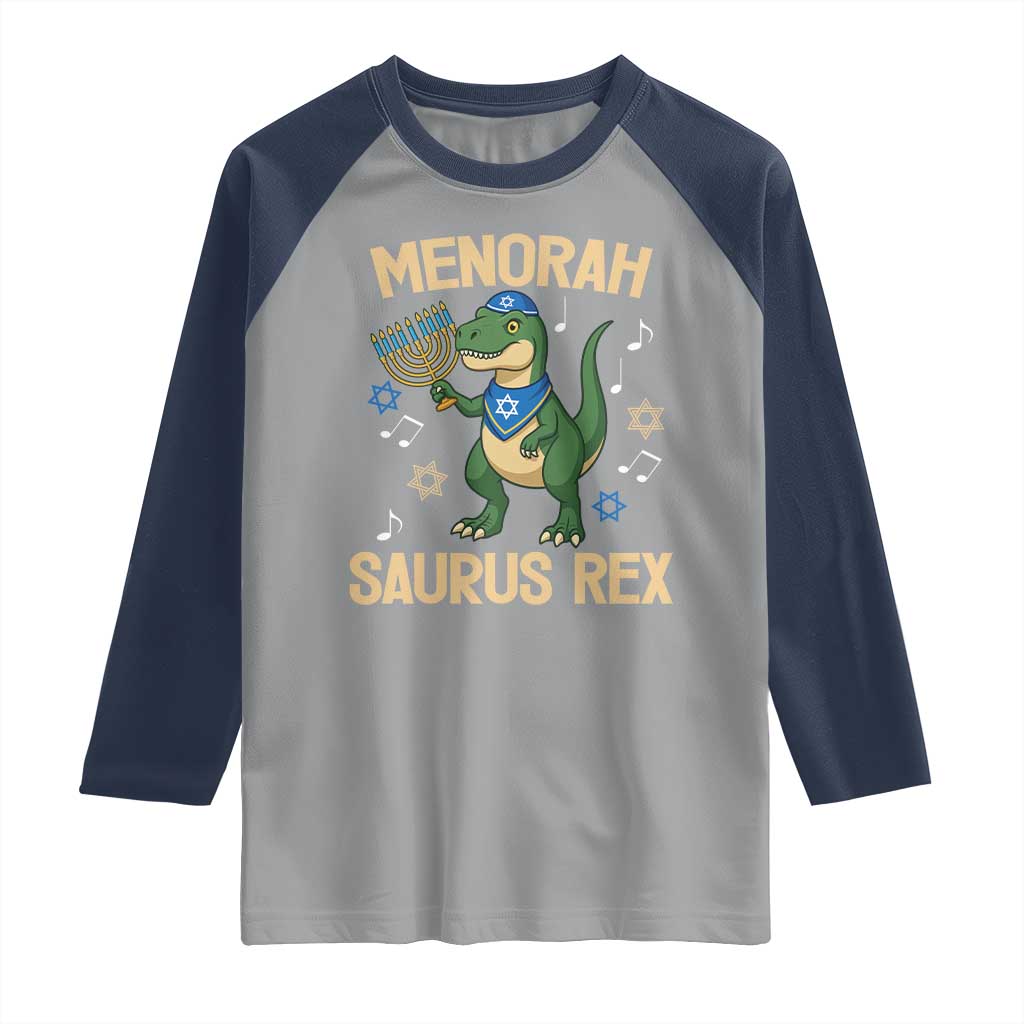 Funny Hanukkah Dinosaur Lover Raglan Shirt Menorasaurus Rex Festival Of Lights Gift TS12 Sport Gray Navy Print Your Wear