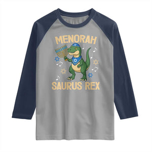 Funny Hanukkah Dinosaur Lover Raglan Shirt Menorasaurus Rex Festival Of Lights Gift TS12 Sport Gray Navy Print Your Wear