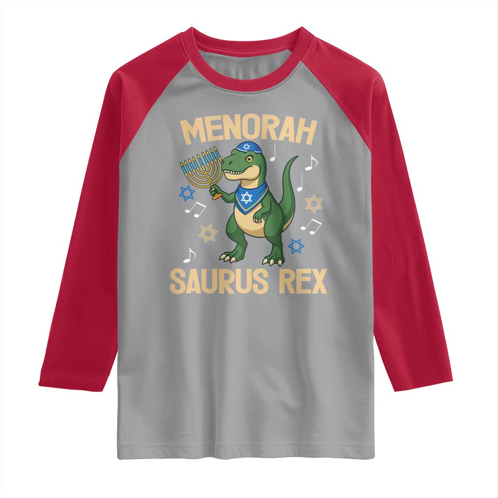 Funny Hanukkah Dinosaur Lover Raglan Shirt Menorasaurus Rex Festival Of Lights Gift TS12 Sport Gray Red Print Your Wear