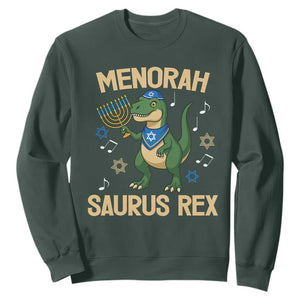 Funny Hanukkah Dinosaur Lover Sweatshirt Menorasaurus Rex Festival Of Lights Gift TS12 Dark Forest Green Print Your Wear