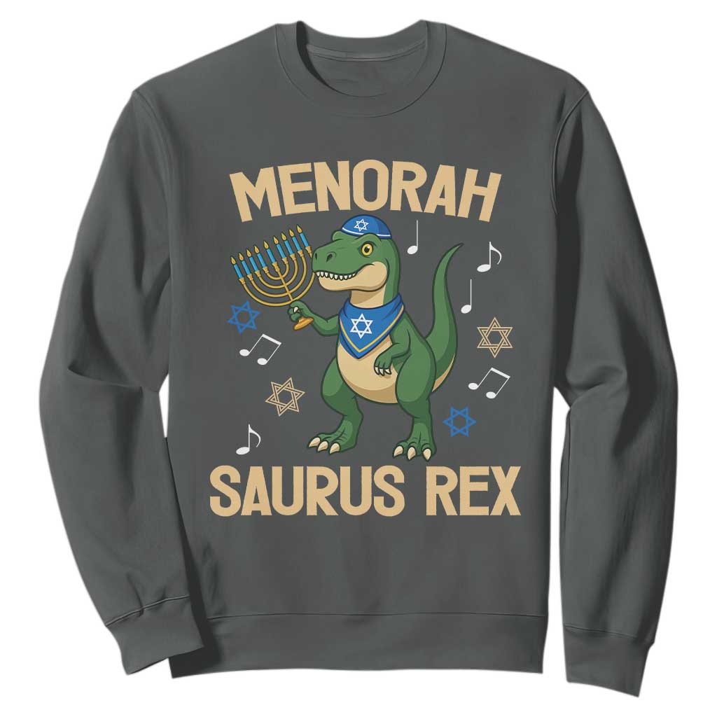 Funny Hanukkah Dinosaur Lover Sweatshirt Menorasaurus Rex Festival Of Lights Gift TS12 Dark Heather Print Your Wear