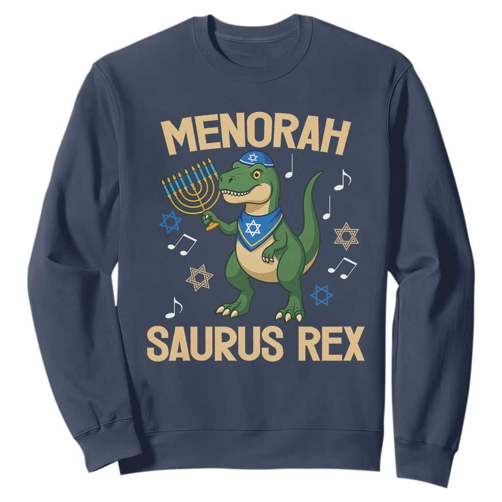 Funny Hanukkah Dinosaur Lover Sweatshirt Menorasaurus Rex Festival Of Lights Gift TS12 Navy Print Your Wear