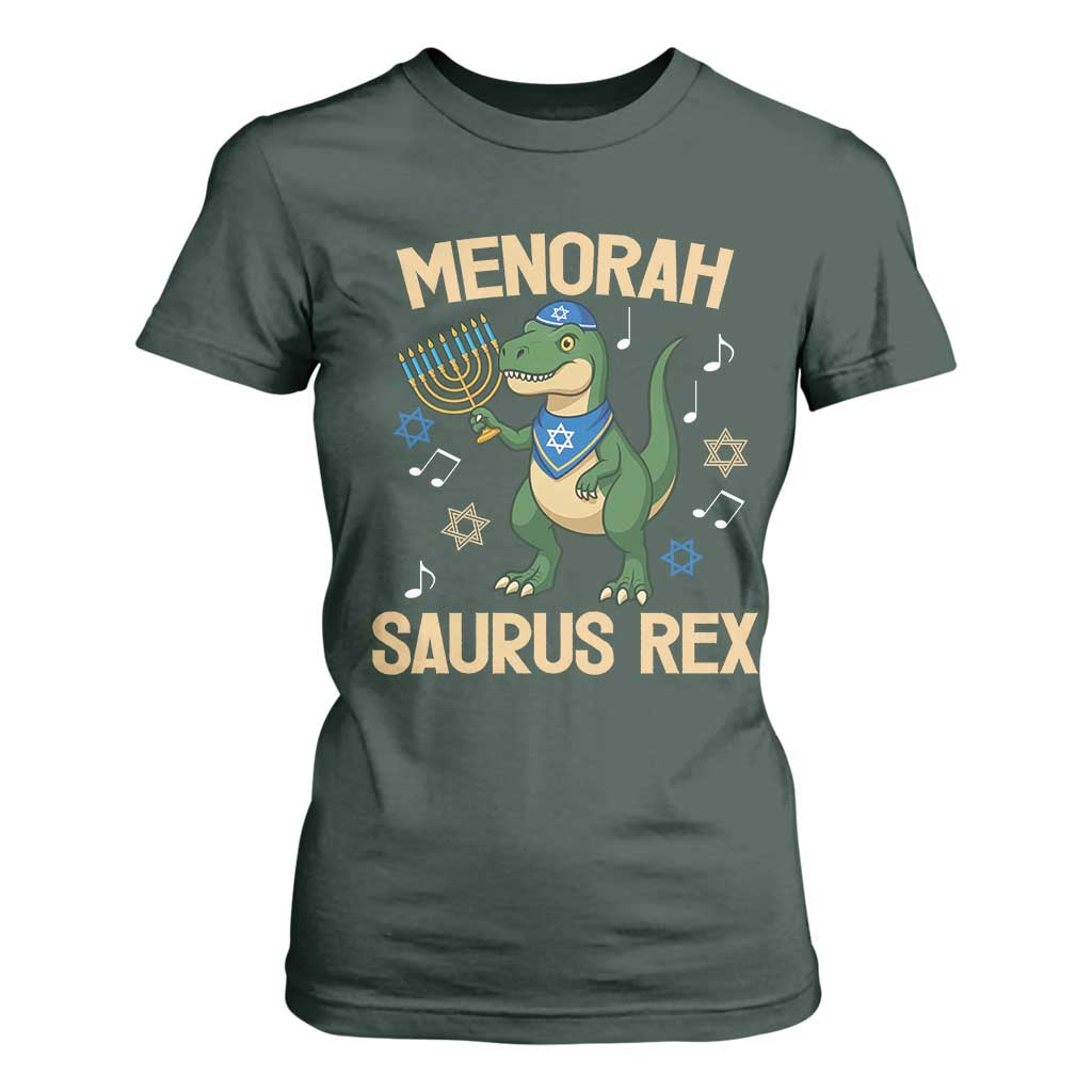 Funny Hanukkah Dinosaur Lover T Shirt For Women Menorasaurus Rex Festival Of Lights Gift TS12 Dark Forest Green Print Your Wear
