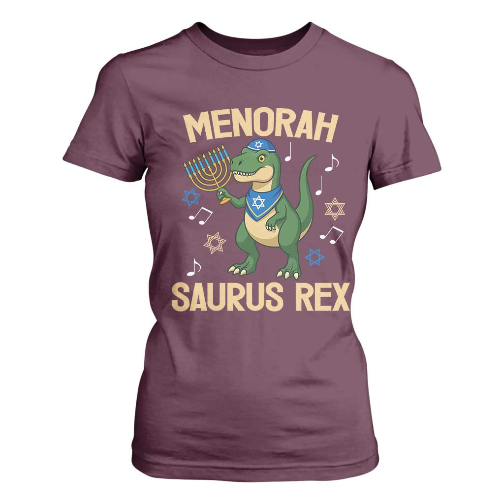Funny Hanukkah Dinosaur Lover T Shirt For Women Menorasaurus Rex Festival Of Lights Gift TS12 Maroon Print Your Wear