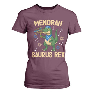 Funny Hanukkah Dinosaur Lover T Shirt For Women Menorasaurus Rex Festival Of Lights Gift TS12 Maroon Print Your Wear