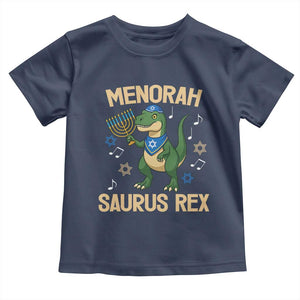Funny Hanukkah Dinosaur Lover Toddler T Shirt Menorasaurus Rex Festival Of Lights Gift TS12 Navy Print Your Wear