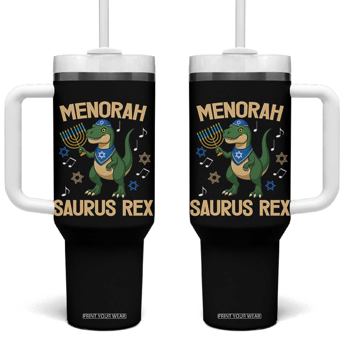 Funny Hanukkah Dinosaur Lover Tumbler With Handle Menorasaurus Rex Festival Of Lights Gift TS12 One Size: 40 oz Black Print Your Wear