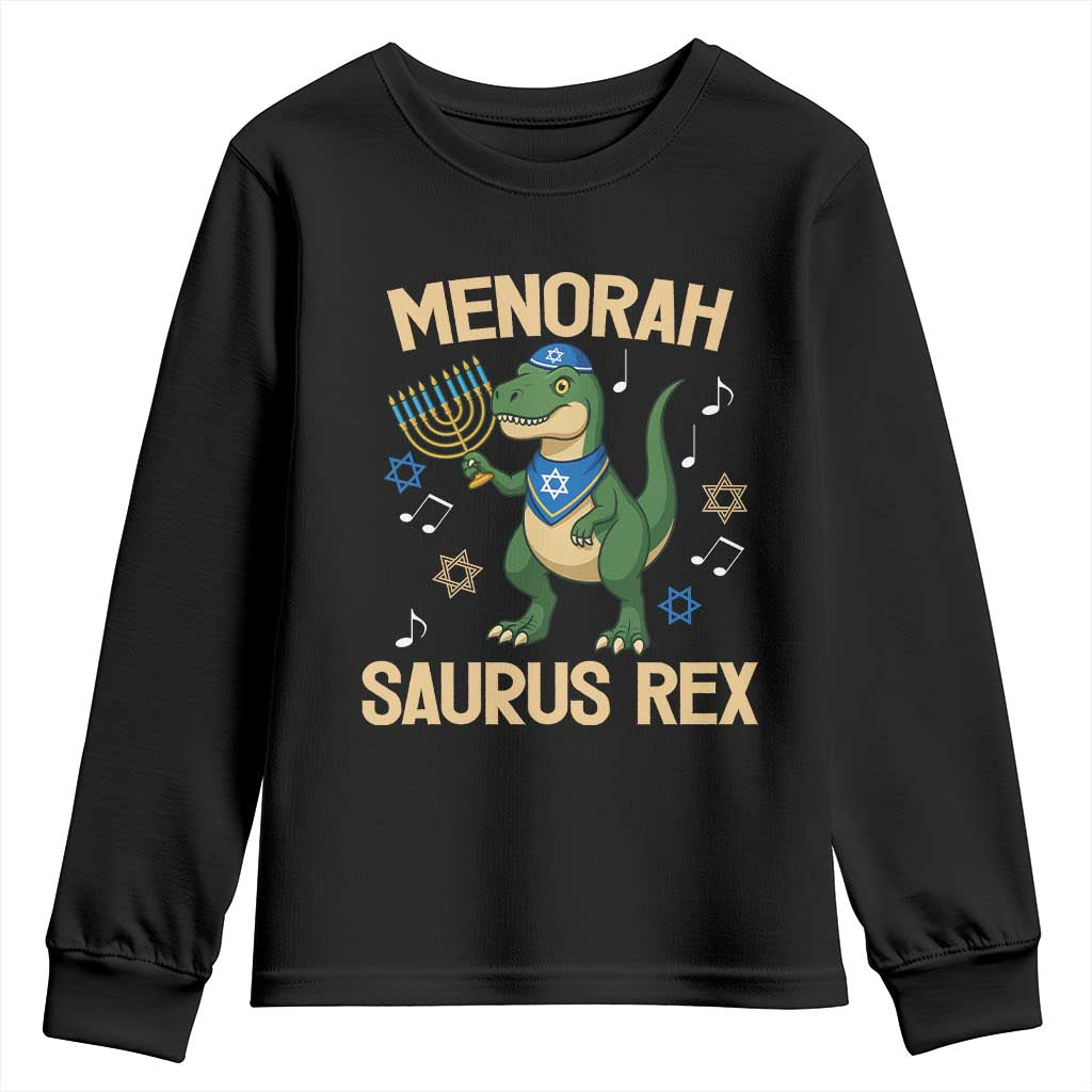 Funny Hanukkah Dinosaur Lover Youth Sweatshirt Menorasaurus Rex Festival Of Lights Gift TS12 Black Print Your Wear