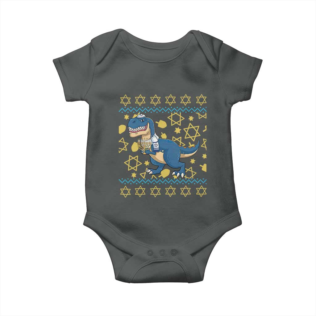 Funny Hanukkah Dinosaur Lover Ugly Sweater Baby Onesie Festival Of Lights Gift TS12 Dark Heather Print Your Wear