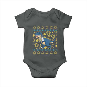 Funny Hanukkah Dinosaur Lover Ugly Sweater Baby Onesie Festival Of Lights Gift TS12 Dark Heather Print Your Wear