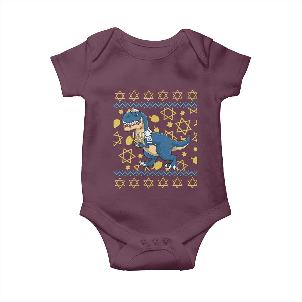 Funny Hanukkah Dinosaur Lover Ugly Sweater Baby Onesie Festival Of Lights Gift TS12 Maroon Print Your Wear