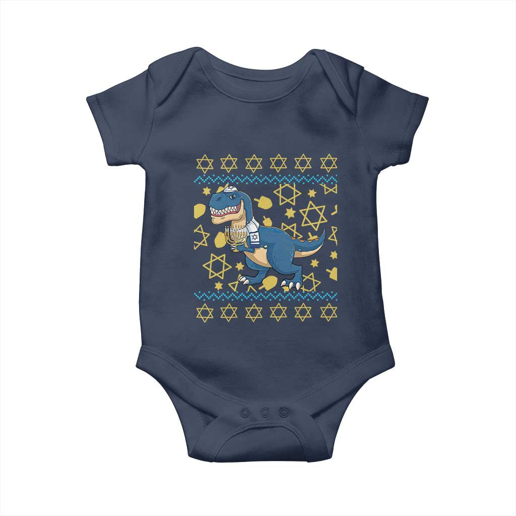Funny Hanukkah Dinosaur Lover Ugly Sweater Baby Onesie Festival Of Lights Gift TS12 Navy Print Your Wear