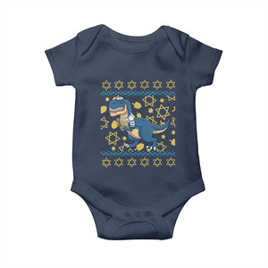 Funny Hanukkah Dinosaur Lover Ugly Sweater Baby Onesie Festival Of Lights Gift TS12 Navy Print Your Wear