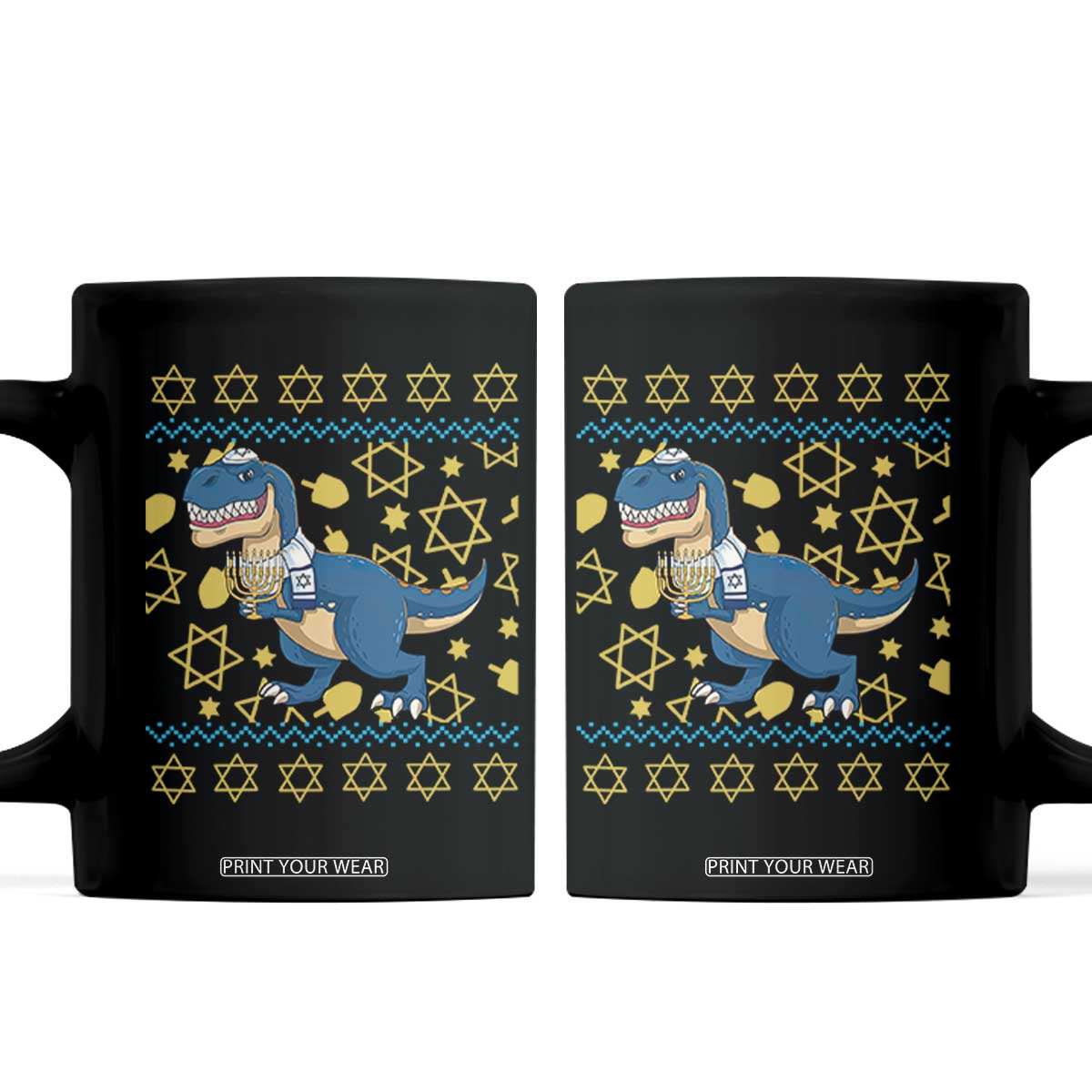 Funny Hanukkah Dinosaur Lover Ugly Sweater Coffee Mug Festival Of Lights Gift TS12 Black Print Your Wear