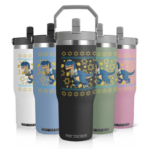 Funny Hanukkah Dinosaur Lover Ugly Sweater Flip Straw Tumbler Festival Of Lights Gift TS12 Print Your Wear