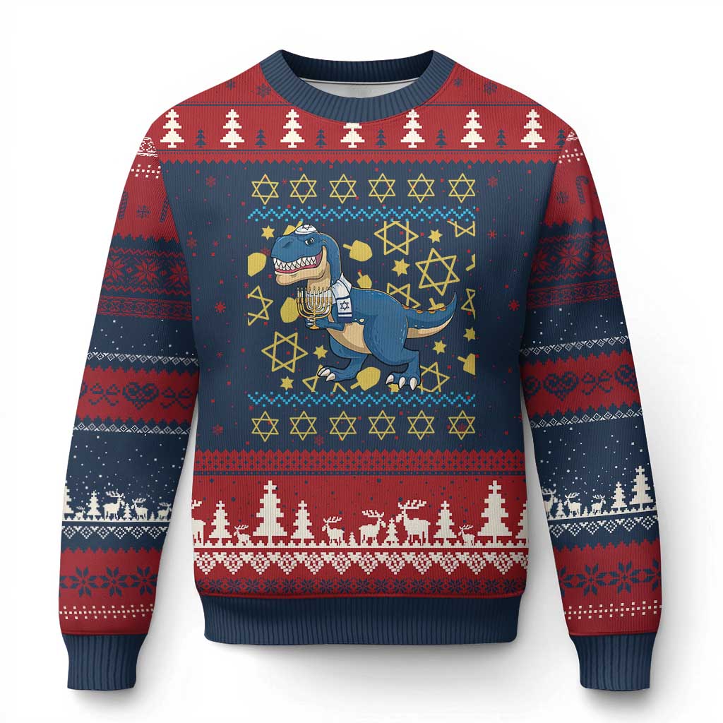 Funny Hanukkah Dinosaur Lover Ugly Sweater Ugly Christmas Sweater Festival Of Lights Gift TS12 Navy Red Print Your Wear