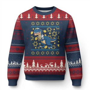 Funny Hanukkah Dinosaur Lover Ugly Sweater Ugly Christmas Sweater Festival Of Lights Gift TS12 Navy Red Print Your Wear