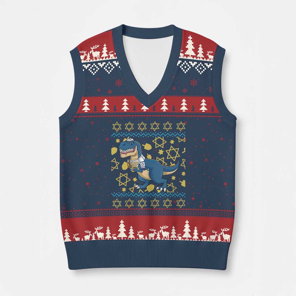 Funny Hanukkah Dinosaur Lover Ugly Sweater V-Neck Knit Sweater Vest Festival Of Lights Gift TS12 Navy Red Print Your Wear