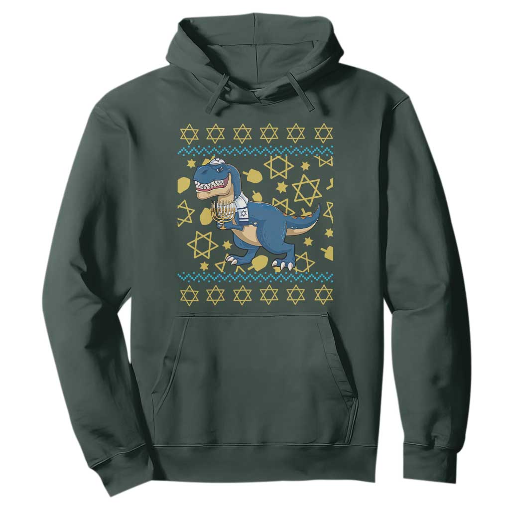 Funny Hanukkah Dinosaur Lover Ugly Sweater Hoodie Festival Of Lights Gift TS12 Dark Forest Green Print Your Wear
