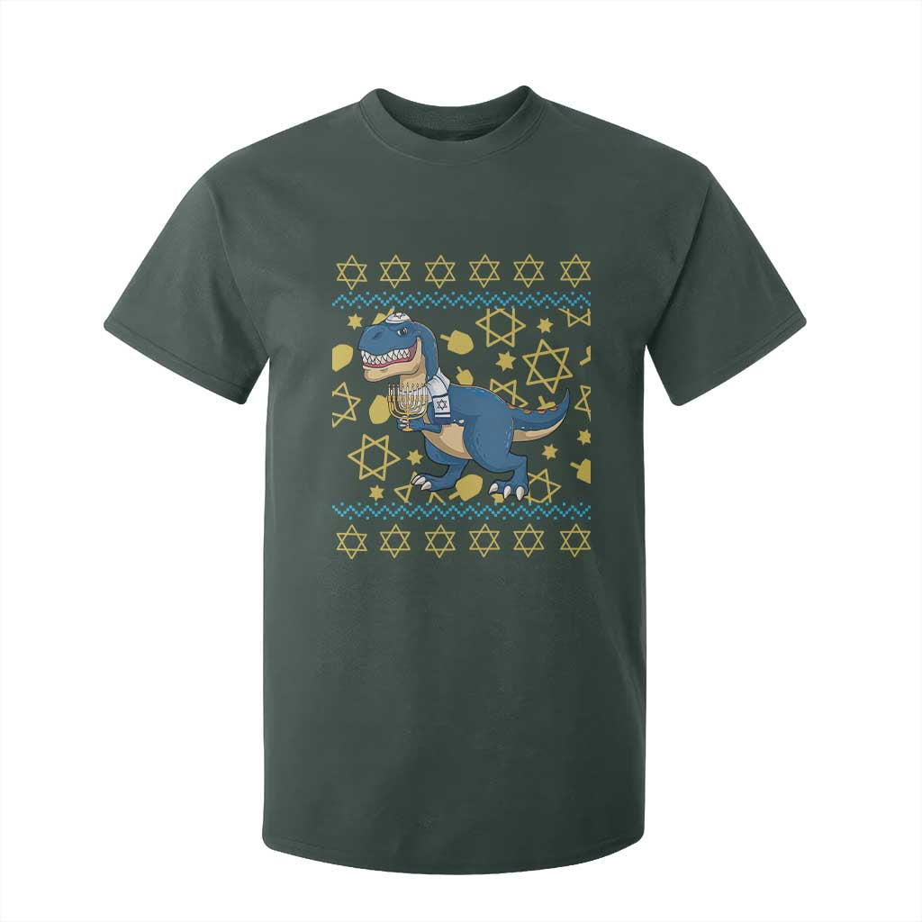Funny Hanukkah Dinosaur Lover Ugly Sweater T Shirt For Kid Festival Of Lights Gift TS12 Dark Forest Green Print Your Wear