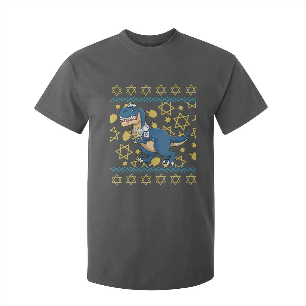 Funny Hanukkah Dinosaur Lover Ugly Sweater T Shirt For Kid Festival Of Lights Gift TS12 Dark Heather Print Your Wear