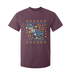 Funny Hanukkah Dinosaur Lover Ugly Sweater T Shirt For Kid Festival Of Lights Gift TS12 Maroon Print Your Wear