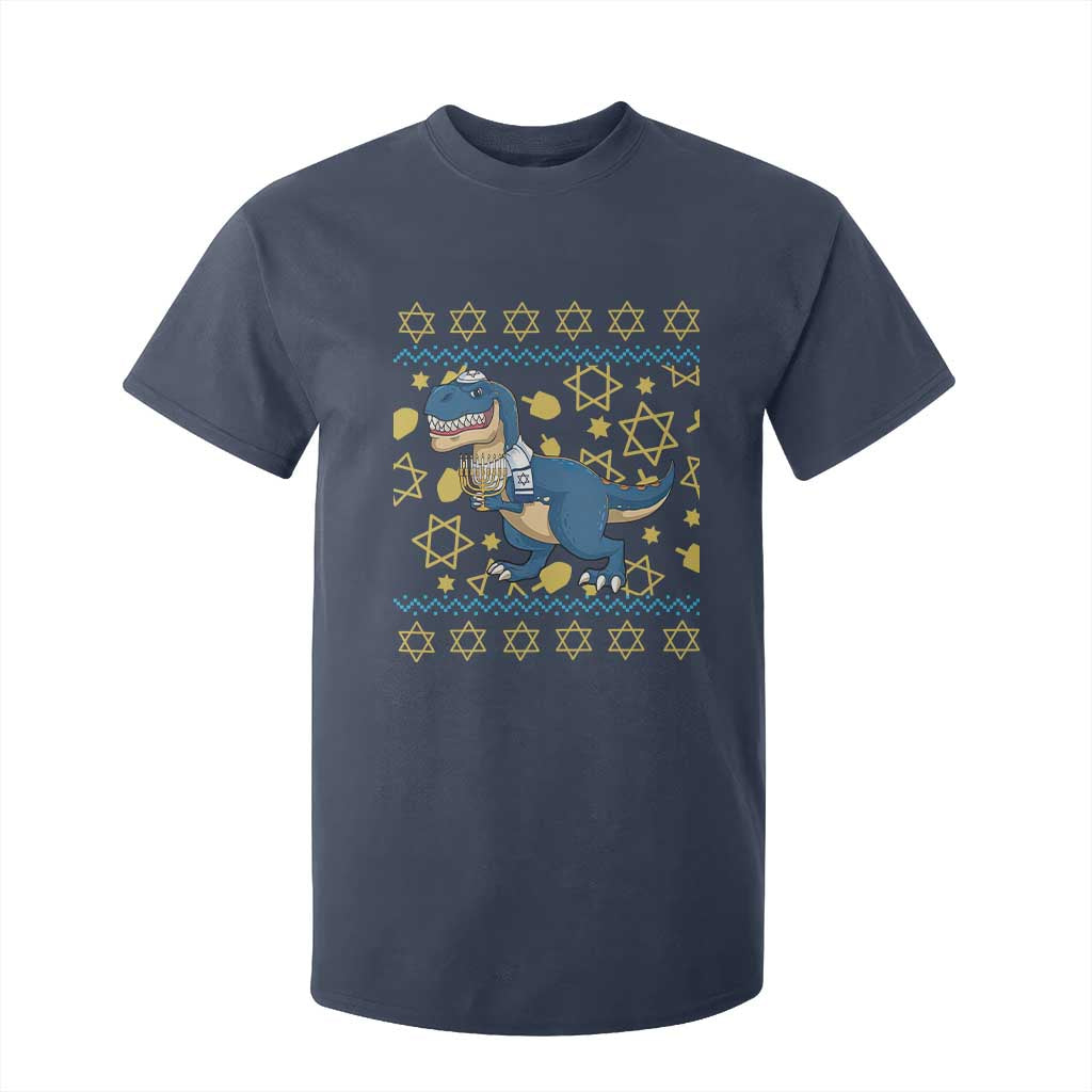 Funny Hanukkah Dinosaur Lover Ugly Sweater T Shirt For Kid Festival Of Lights Gift TS12 Navy Print Your Wear