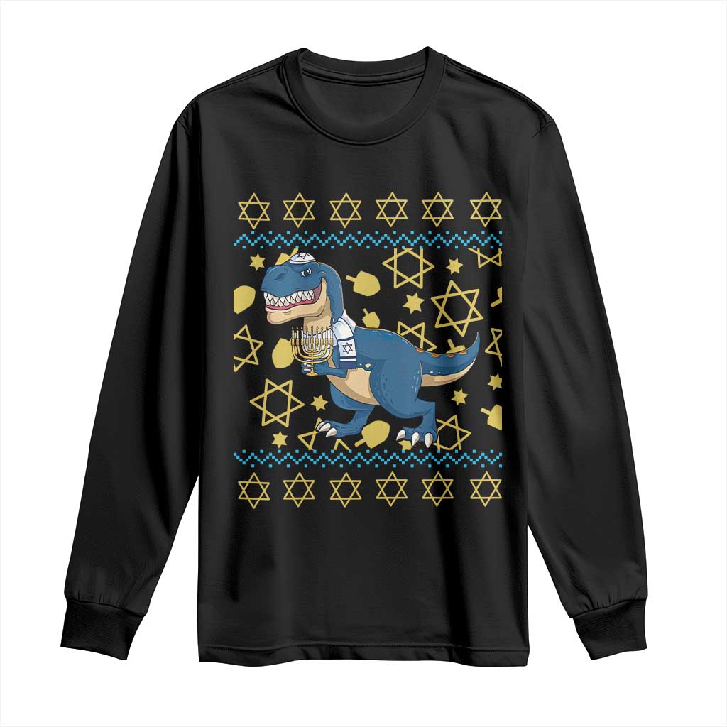 Funny Hanukkah Dinosaur Lover Ugly Sweater Long Sleeve Shirt Festival Of Lights Gift TS12 Black Print Your Wear