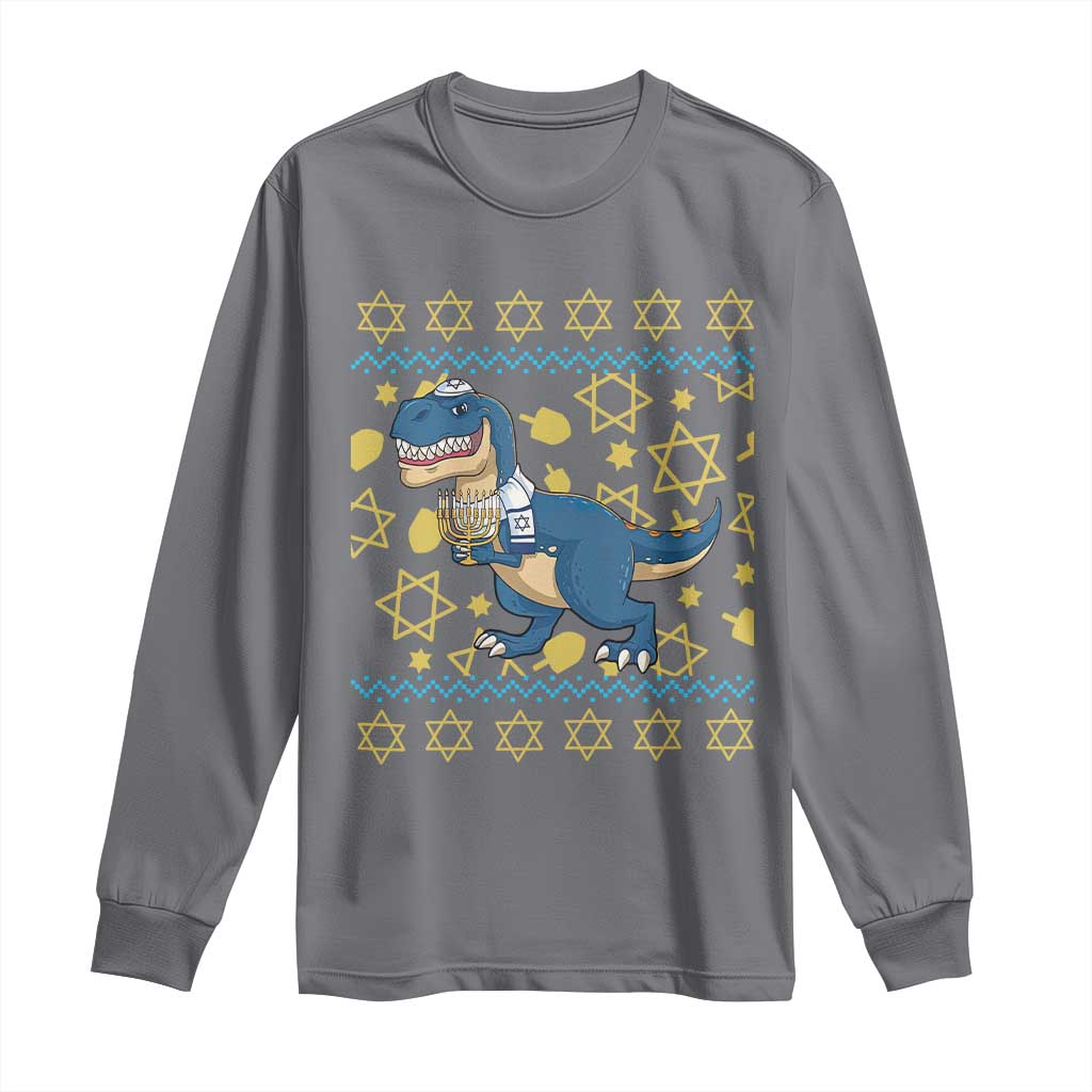 Funny Hanukkah Dinosaur Lover Ugly Sweater Long Sleeve Shirt Festival Of Lights Gift TS12 Charcoal Print Your Wear