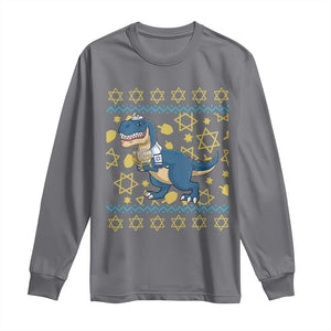 Funny Hanukkah Dinosaur Lover Ugly Sweater Long Sleeve Shirt Festival Of Lights Gift TS12 Charcoal Print Your Wear