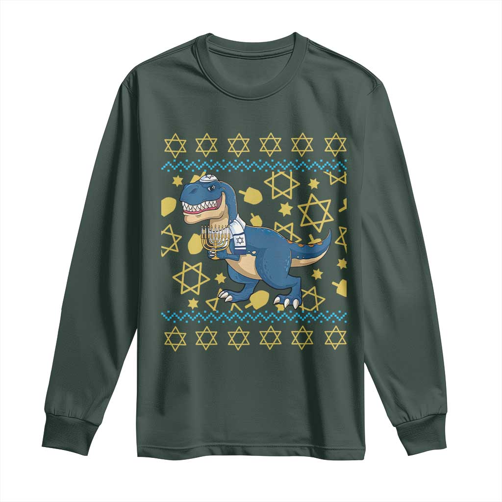 Funny Hanukkah Dinosaur Lover Ugly Sweater Long Sleeve Shirt Festival Of Lights Gift TS12 Dark Forest Green Print Your Wear