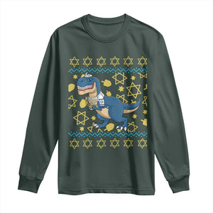 Funny Hanukkah Dinosaur Lover Ugly Sweater Long Sleeve Shirt Festival Of Lights Gift TS12 Dark Forest Green Print Your Wear