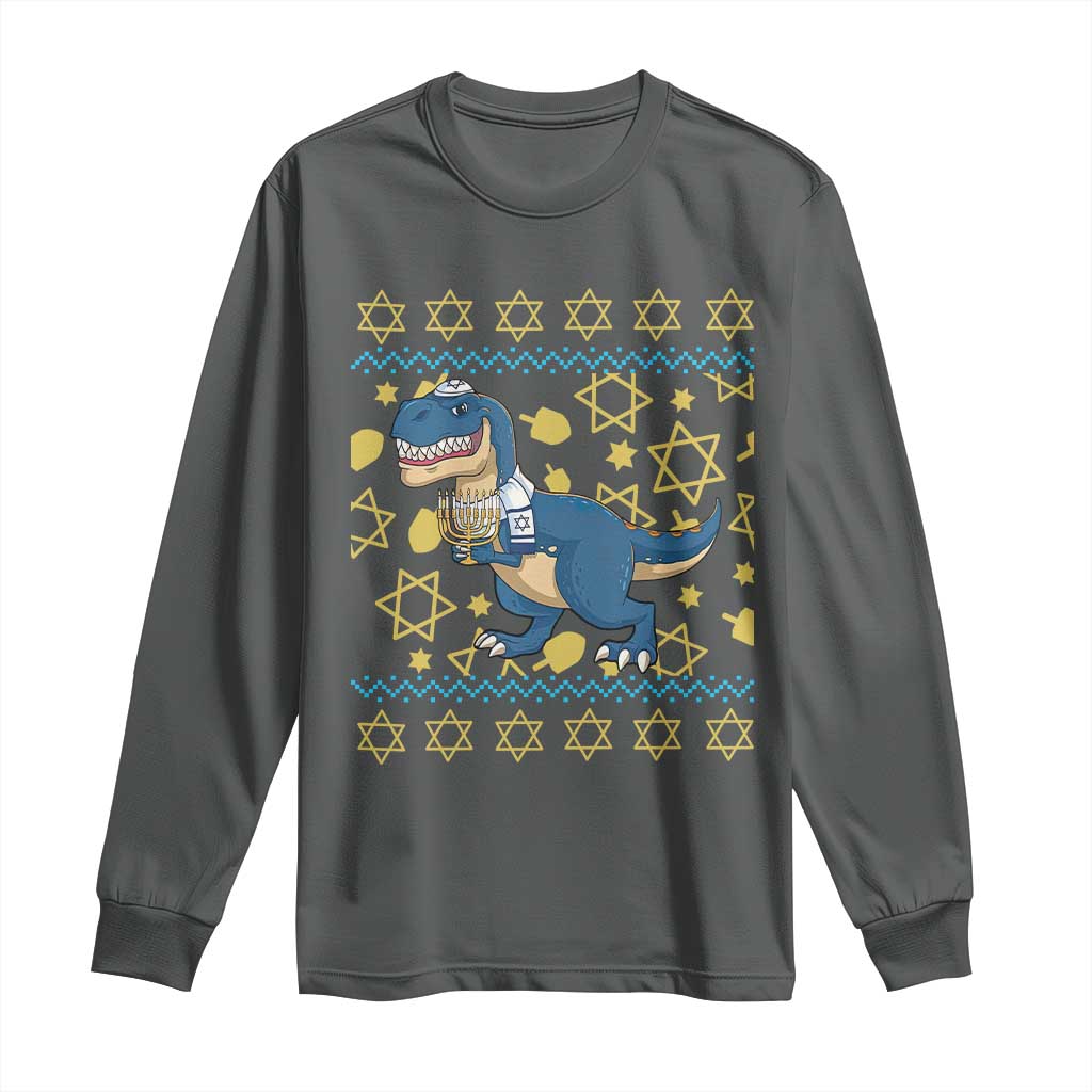 Funny Hanukkah Dinosaur Lover Ugly Sweater Long Sleeve Shirt Festival Of Lights Gift TS12 Dark Heather Print Your Wear