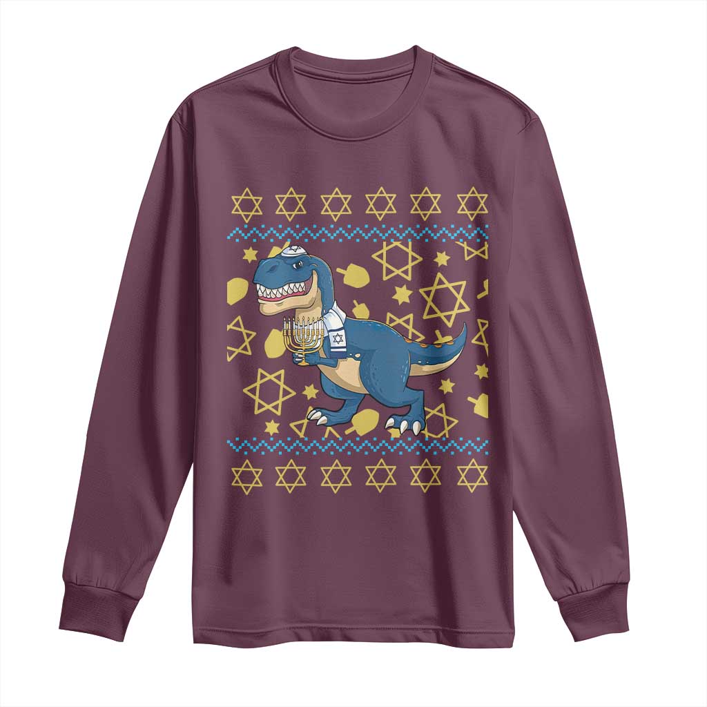 Funny Hanukkah Dinosaur Lover Ugly Sweater Long Sleeve Shirt Festival Of Lights Gift TS12 Maroon Print Your Wear