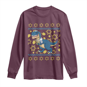 Funny Hanukkah Dinosaur Lover Ugly Sweater Long Sleeve Shirt Festival Of Lights Gift TS12 Maroon Print Your Wear
