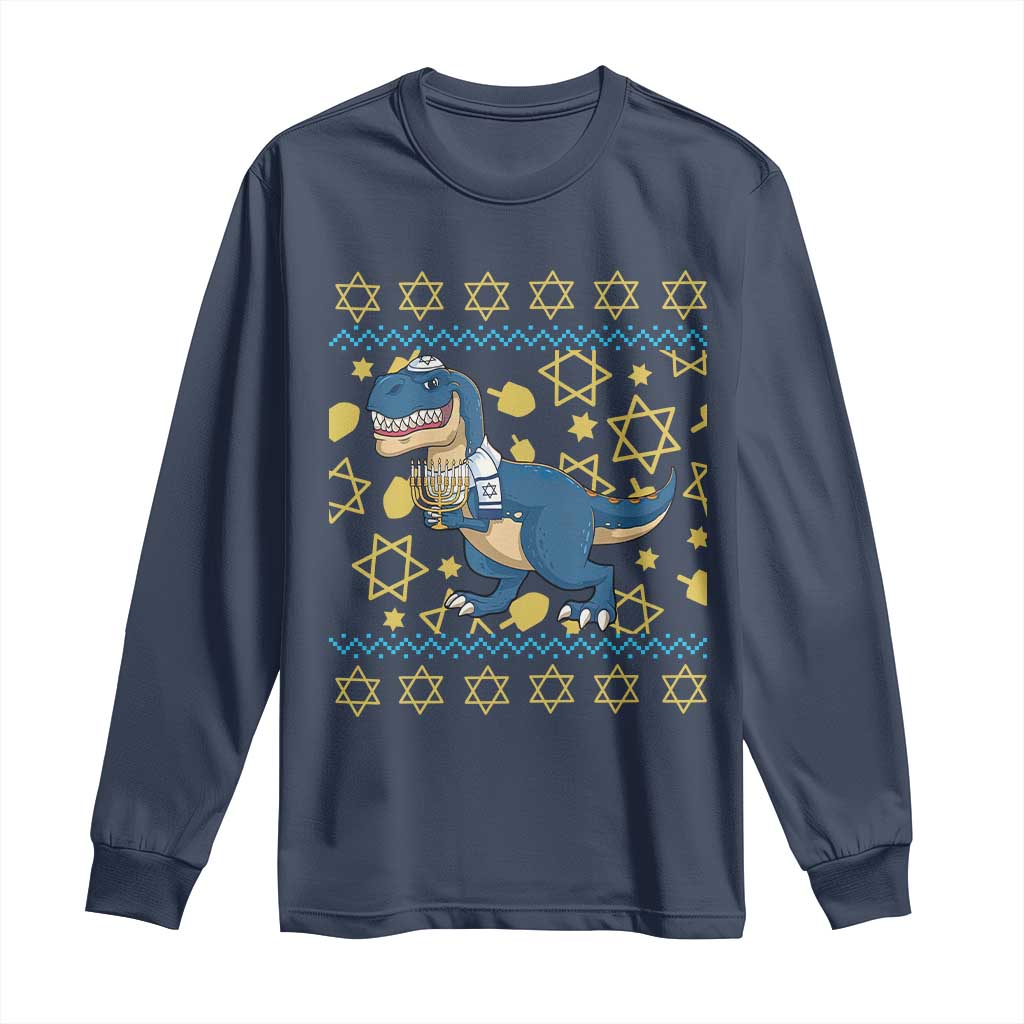 Funny Hanukkah Dinosaur Lover Ugly Sweater Long Sleeve Shirt Festival Of Lights Gift TS12 Navy Print Your Wear