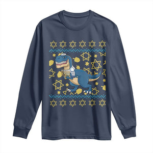 Funny Hanukkah Dinosaur Lover Ugly Sweater Long Sleeve Shirt Festival Of Lights Gift TS12 Navy Print Your Wear