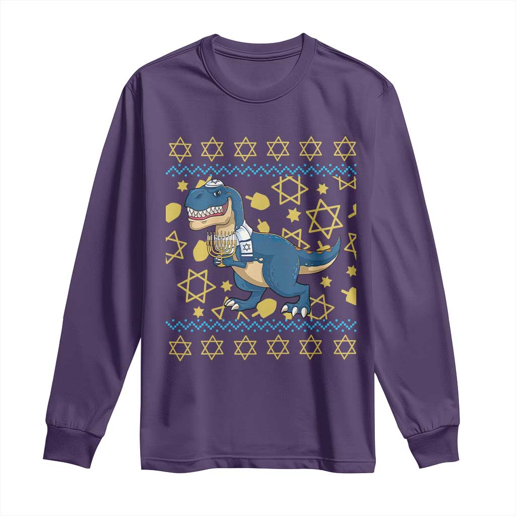 Funny Hanukkah Dinosaur Lover Ugly Sweater Long Sleeve Shirt Festival Of Lights Gift TS12 Purple Print Your Wear