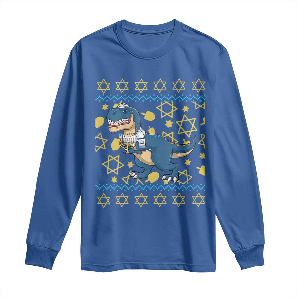 Funny Hanukkah Dinosaur Lover Ugly Sweater Long Sleeve Shirt Festival Of Lights Gift TS12 Royal Blue Print Your Wear