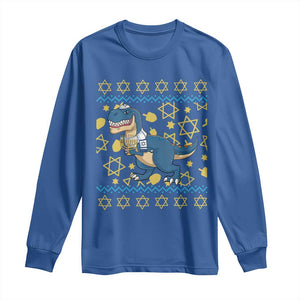 Funny Hanukkah Dinosaur Lover Ugly Sweater Long Sleeve Shirt Festival Of Lights Gift TS12 Royal Blue Print Your Wear