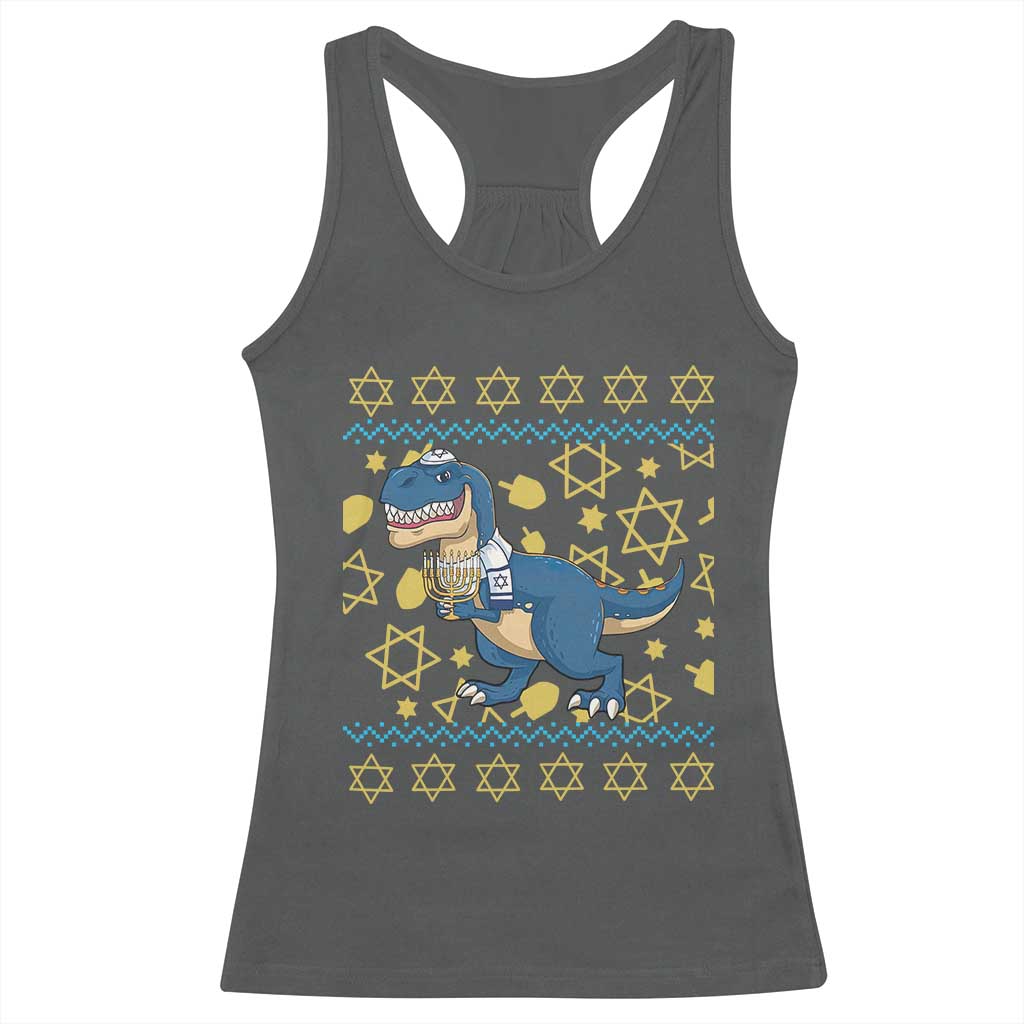 Funny Hanukkah Dinosaur Lover Ugly Sweater Racerback Tank Top Festival Of Lights Gift TS12 Dark Heather Print Your Wear